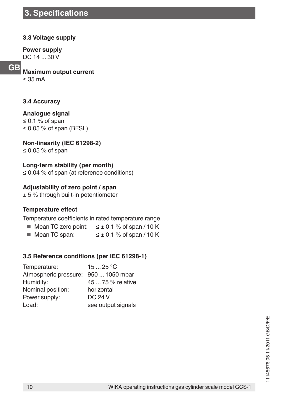 Specifications | WIKA GCS-1 User Manual | Page 10 / 76