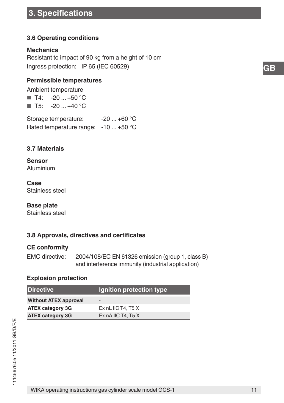 Specifications | WIKA GCS-1 User Manual | Page 11 / 76