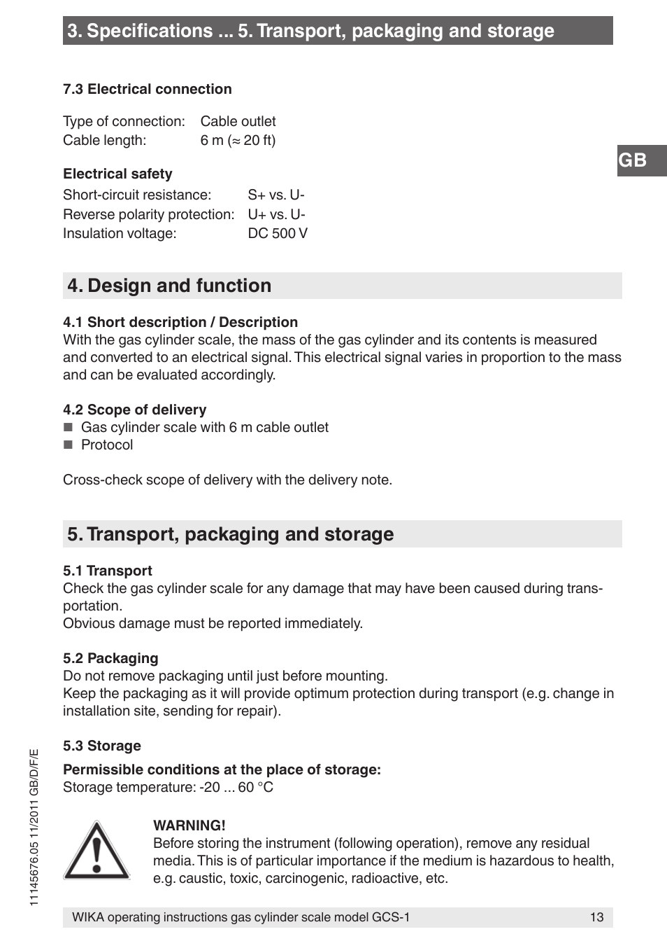 Design and function, Transport, packaging and storage, Specifications . transport, packaging and storage | WIKA GCS-1 User Manual | Page 13 / 76