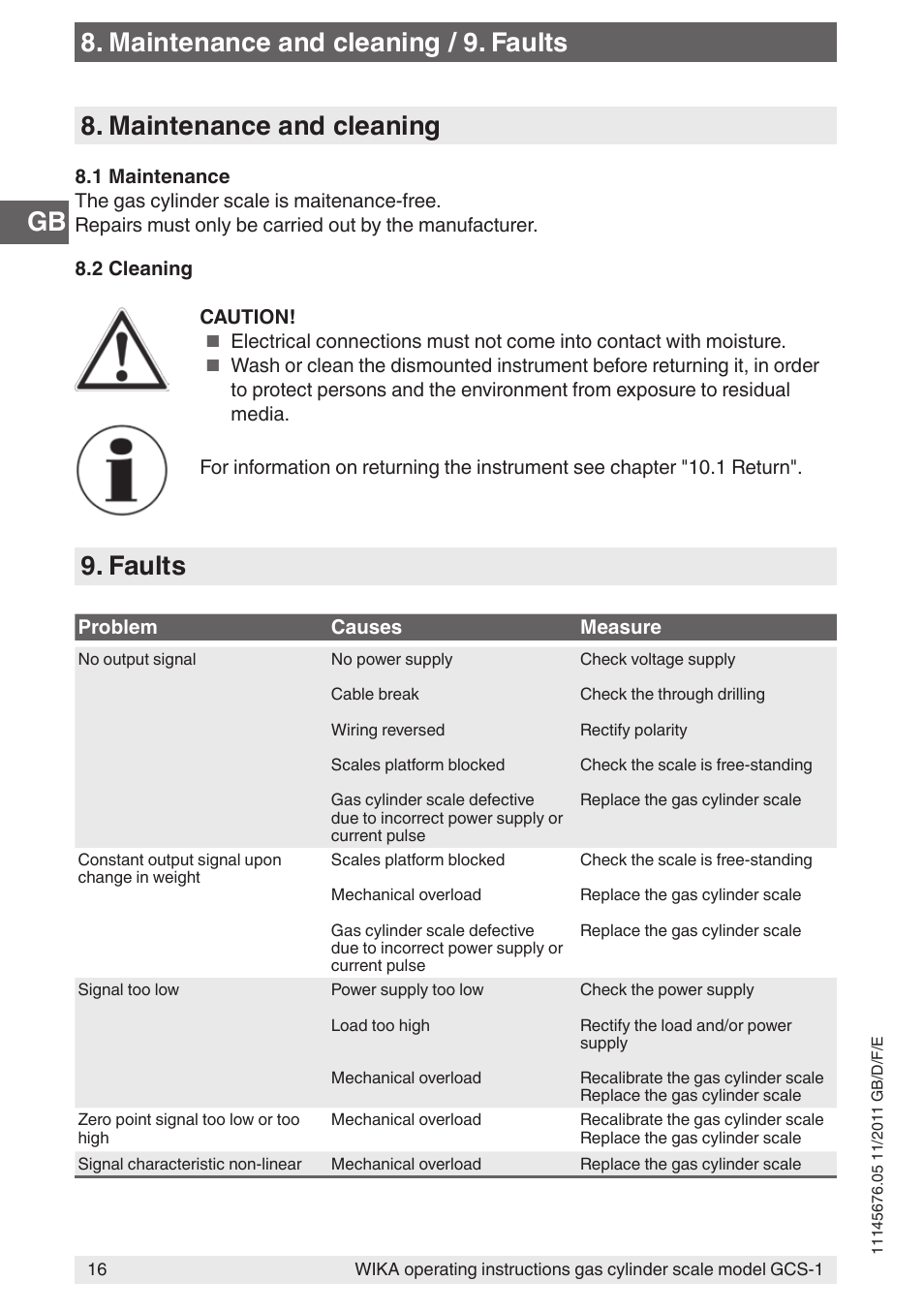 Maintenance and cleaning, Faults 8. maintenance and cleaning / 9. faults | WIKA GCS-1 User Manual | Page 16 / 76