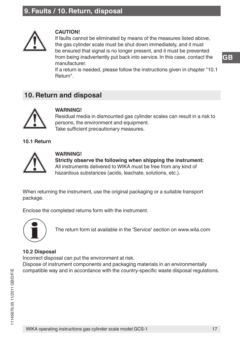 Return and disposal, Faults / 10. return, disposal | WIKA GCS-1 User Manual | Page 17 / 76