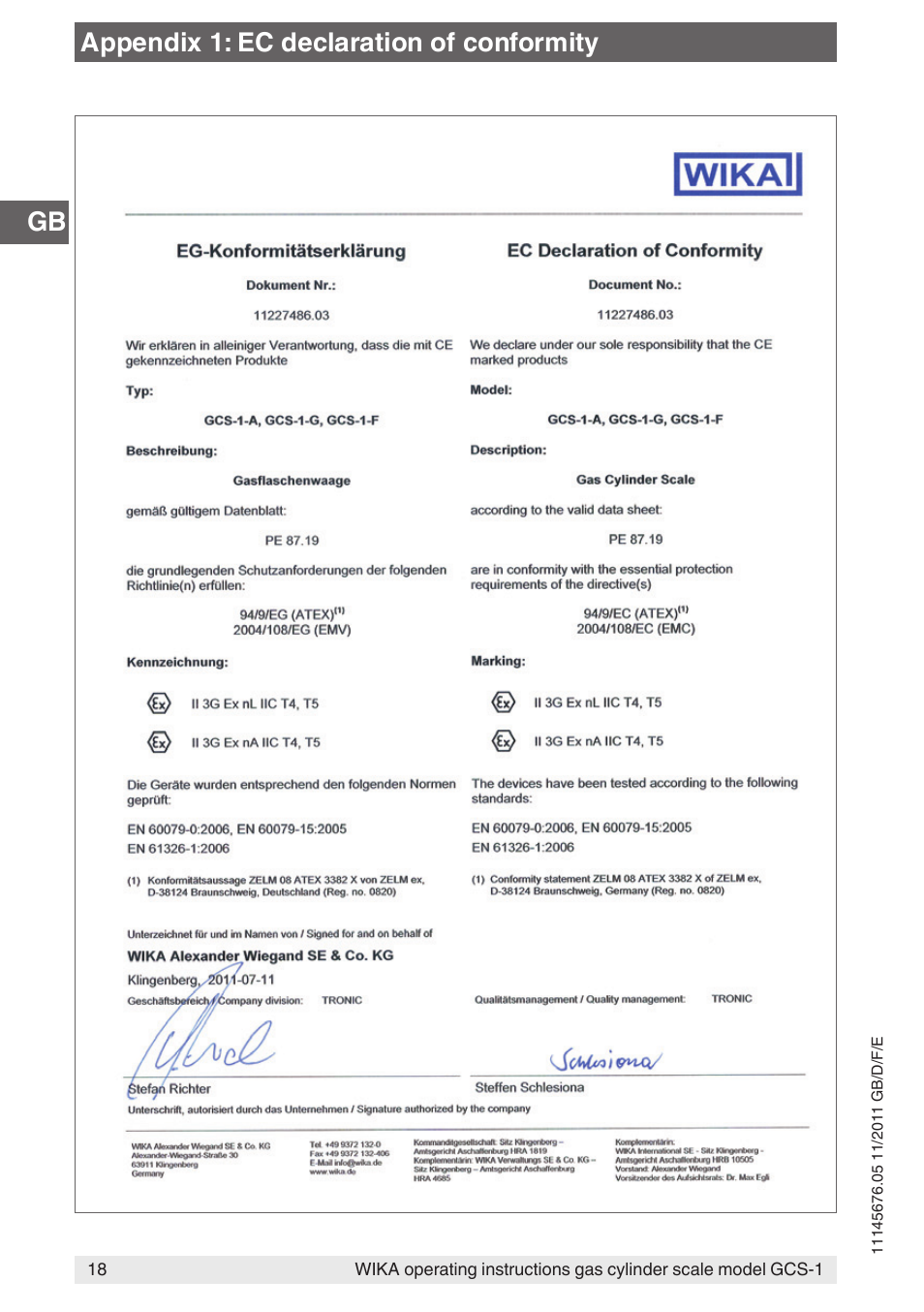 Appendix 1: ec declaration of conformity | WIKA GCS-1 User Manual | Page 18 / 76