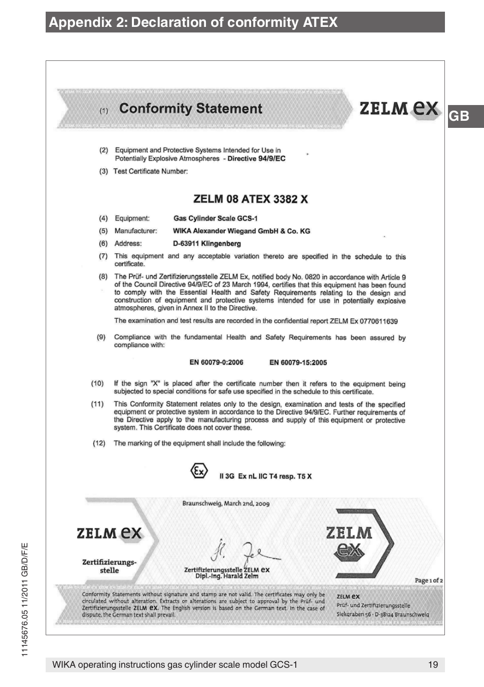 Appendix 2: declaration of conformity atex | WIKA GCS-1 User Manual | Page 19 / 76