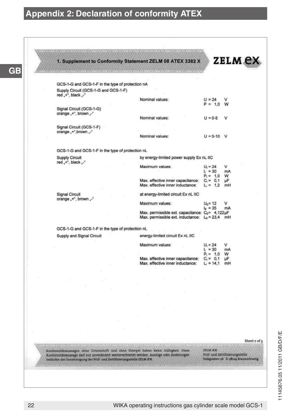 Appendix 2: declaration of conformity atex | WIKA GCS-1 User Manual | Page 22 / 76