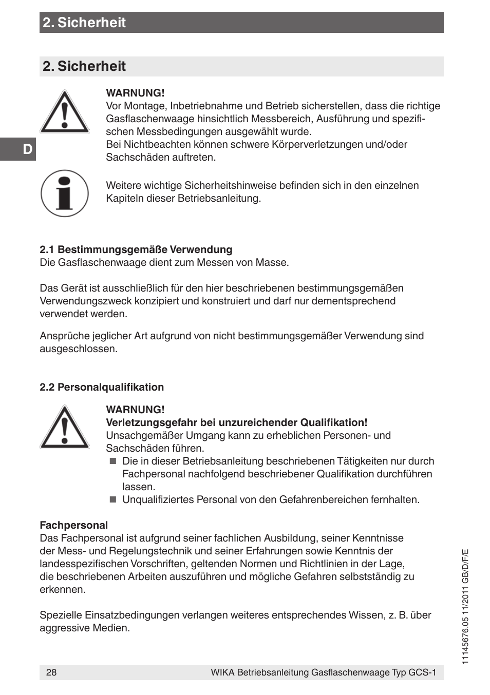 D2. sicherheit, Sicherheit | WIKA GCS-1 User Manual | Page 28 / 76