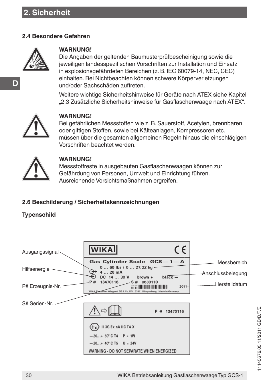 Sicherheit | WIKA GCS-1 User Manual | Page 30 / 76