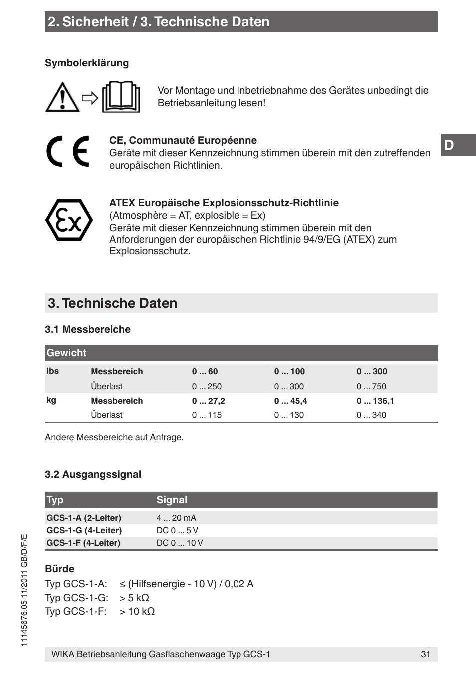 Technische daten, Sicherheit / 3. technische daten | WIKA GCS-1 User Manual | Page 31 / 76