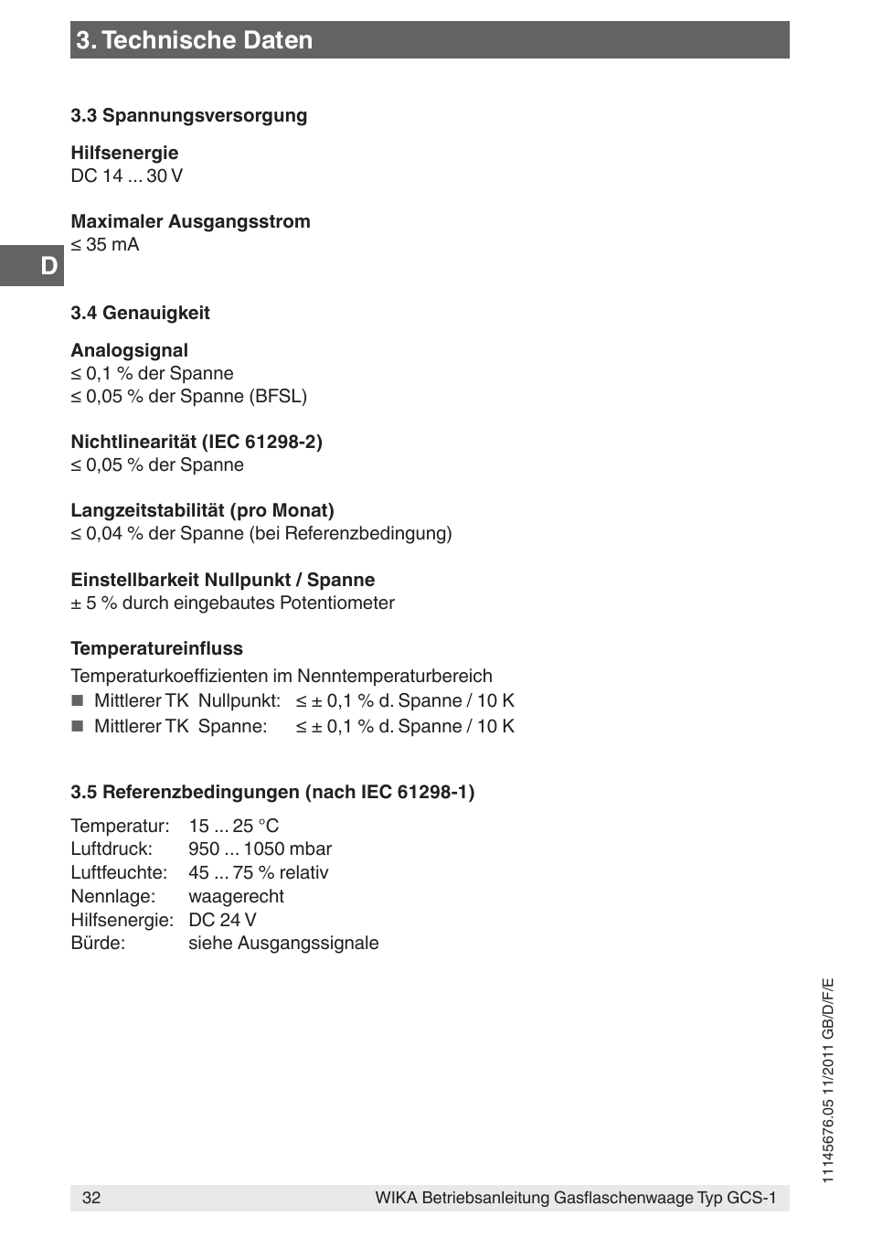 Technische daten | WIKA GCS-1 User Manual | Page 32 / 76