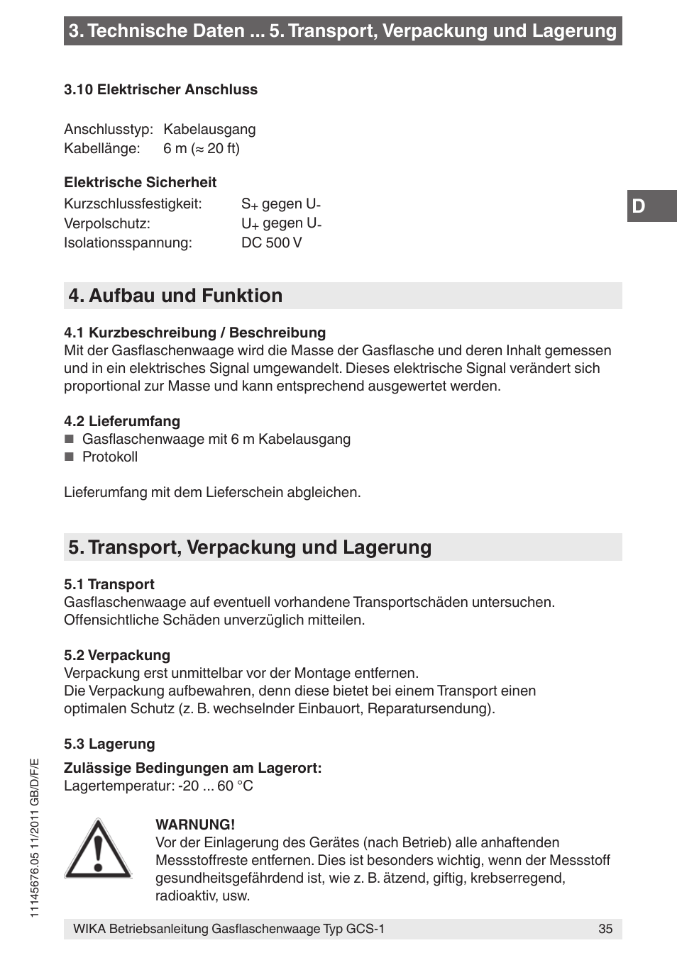 Aufbau und funktion, Transport, verpackung und lagerung | WIKA GCS-1 User Manual | Page 35 / 76