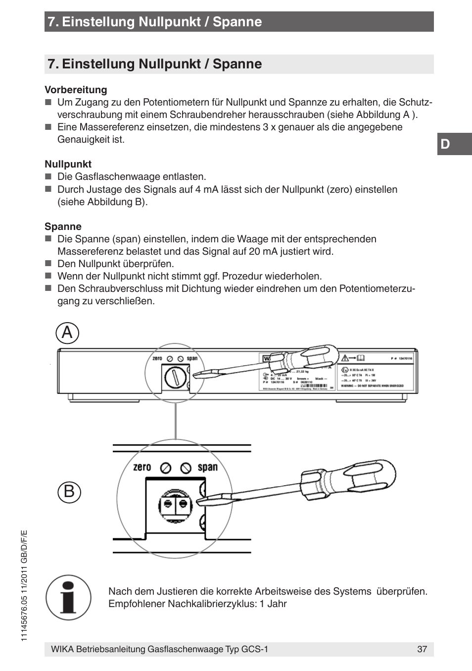 Einstellung nullpunkt / spanne | WIKA GCS-1 User Manual | Page 37 / 76