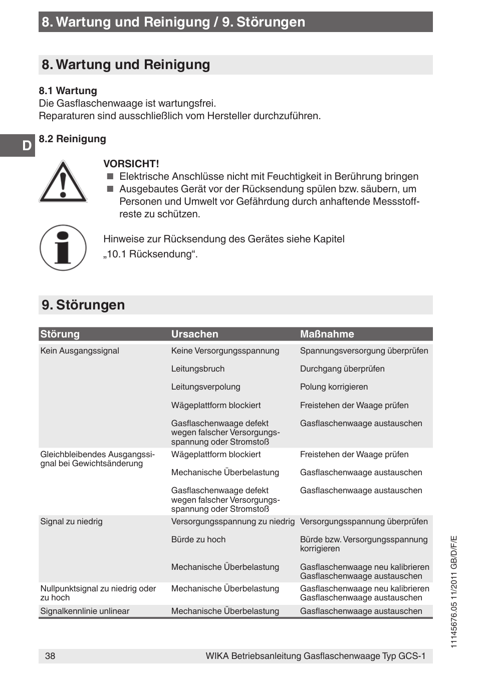 D8. wartung und reinigung / 9. störungen, Wartung und reinigung, Störungen | WIKA GCS-1 User Manual | Page 38 / 76