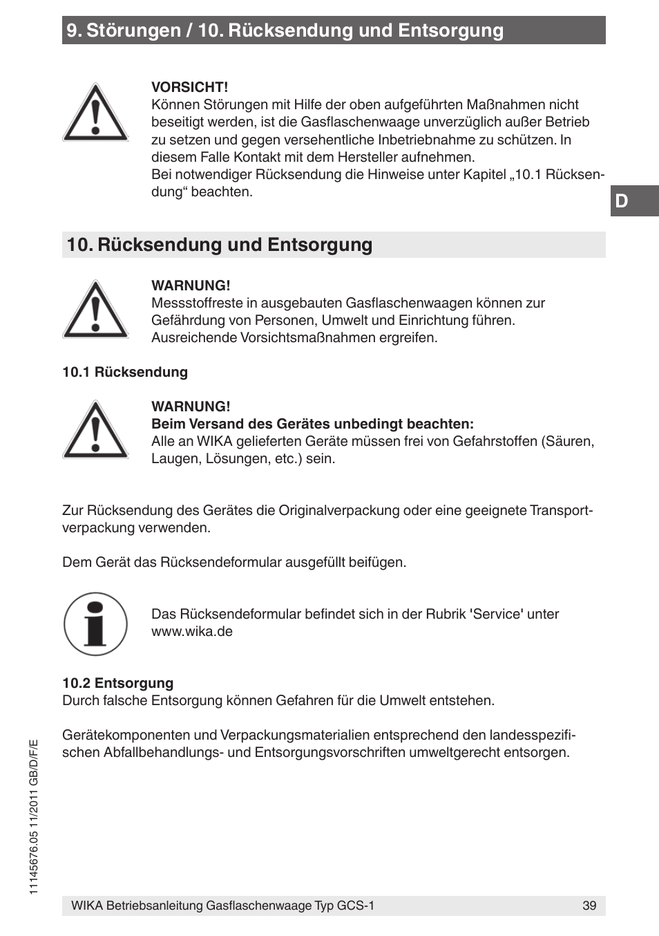 Rücksendung und entsorgung, Störungen / 10. rücksendung und entsorgung | WIKA GCS-1 User Manual | Page 39 / 76