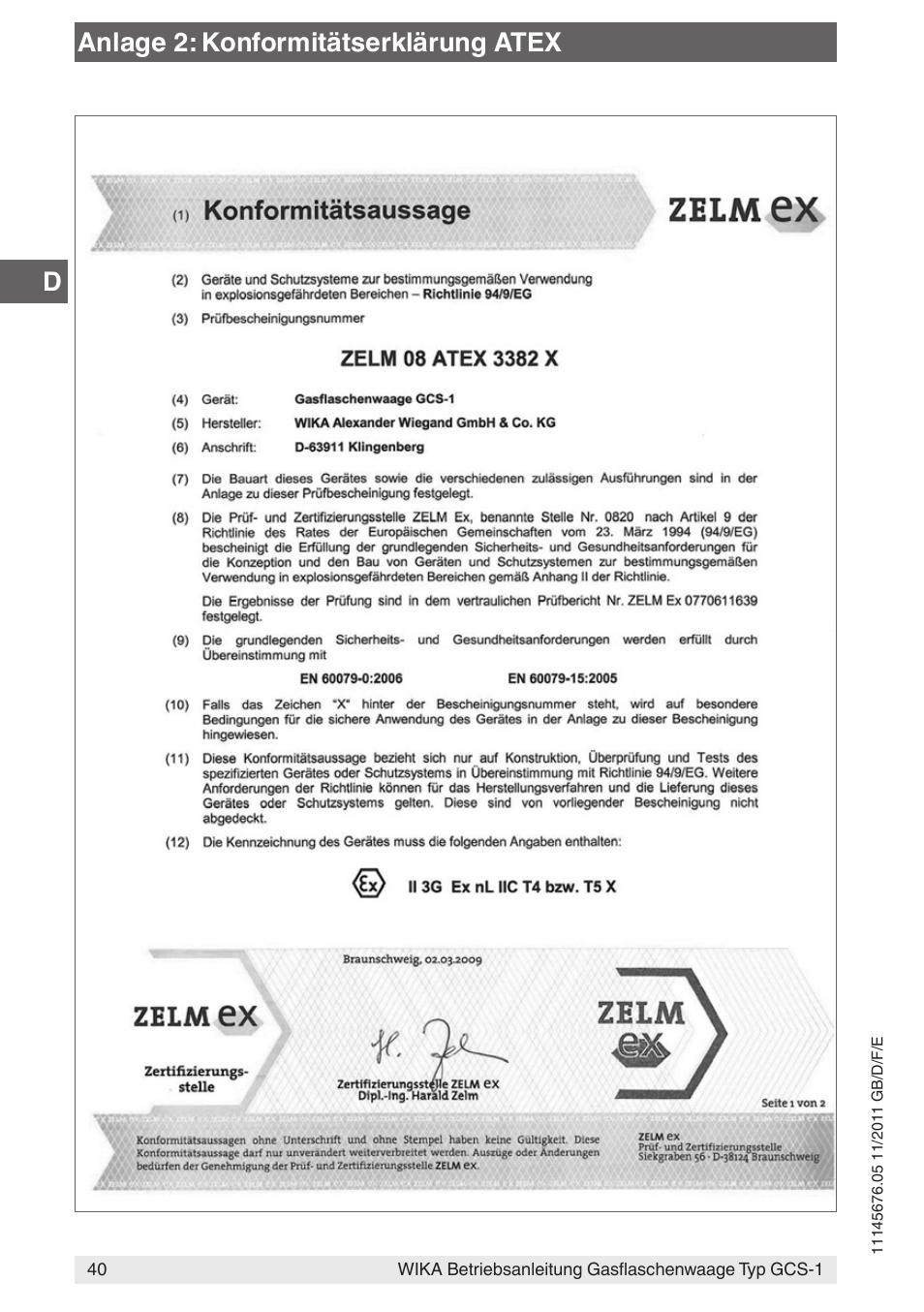 Danlage 2: konformitätserklärung atex | WIKA GCS-1 User Manual | Page 40 / 76