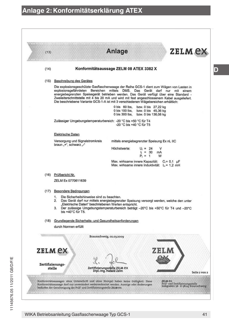 Danlage 2: konformitätserklärung atex | WIKA GCS-1 User Manual | Page 41 / 76