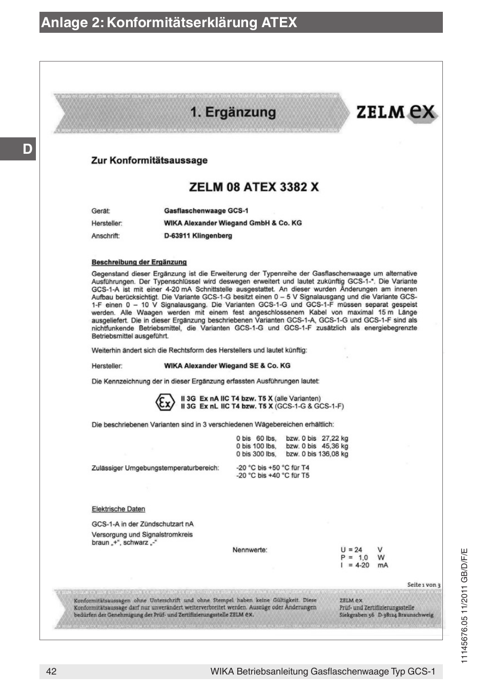Danlage 2: konformitätserklärung atex | WIKA GCS-1 User Manual | Page 42 / 76