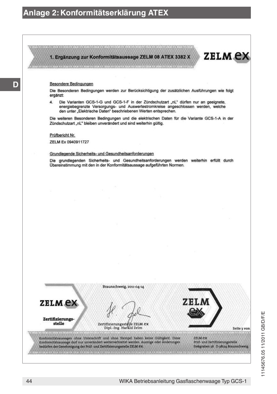 Danlage 2: konformitätserklärung atex | WIKA GCS-1 User Manual | Page 44 / 76