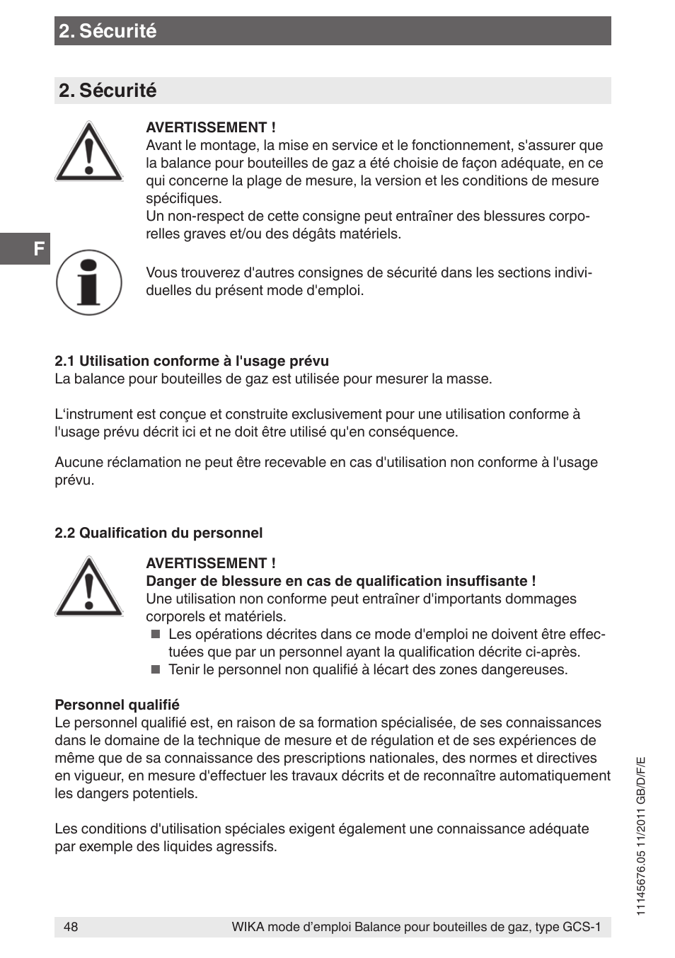 Sécurité | WIKA GCS-1 User Manual | Page 48 / 76