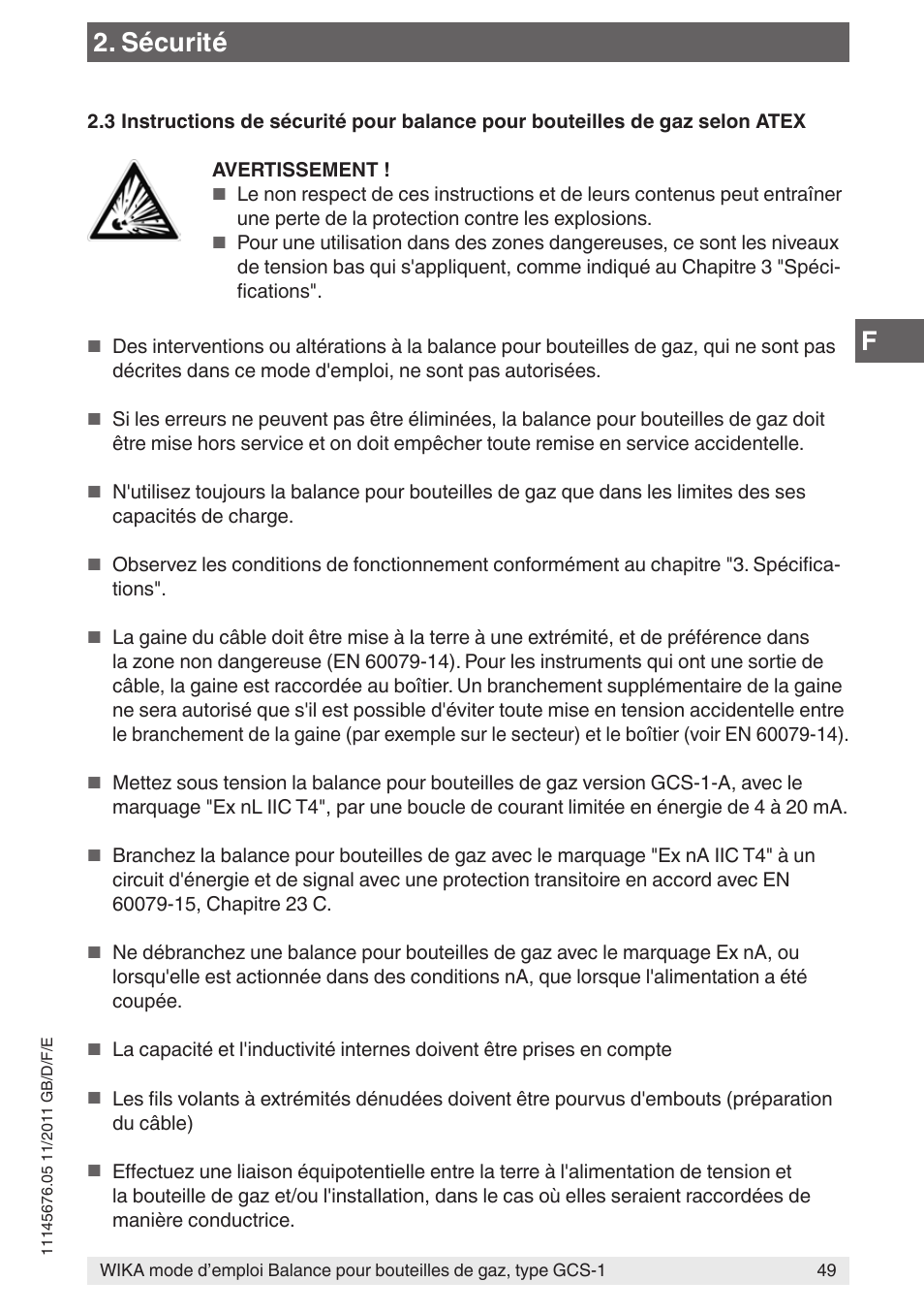 Sécurité | WIKA GCS-1 User Manual | Page 49 / 76