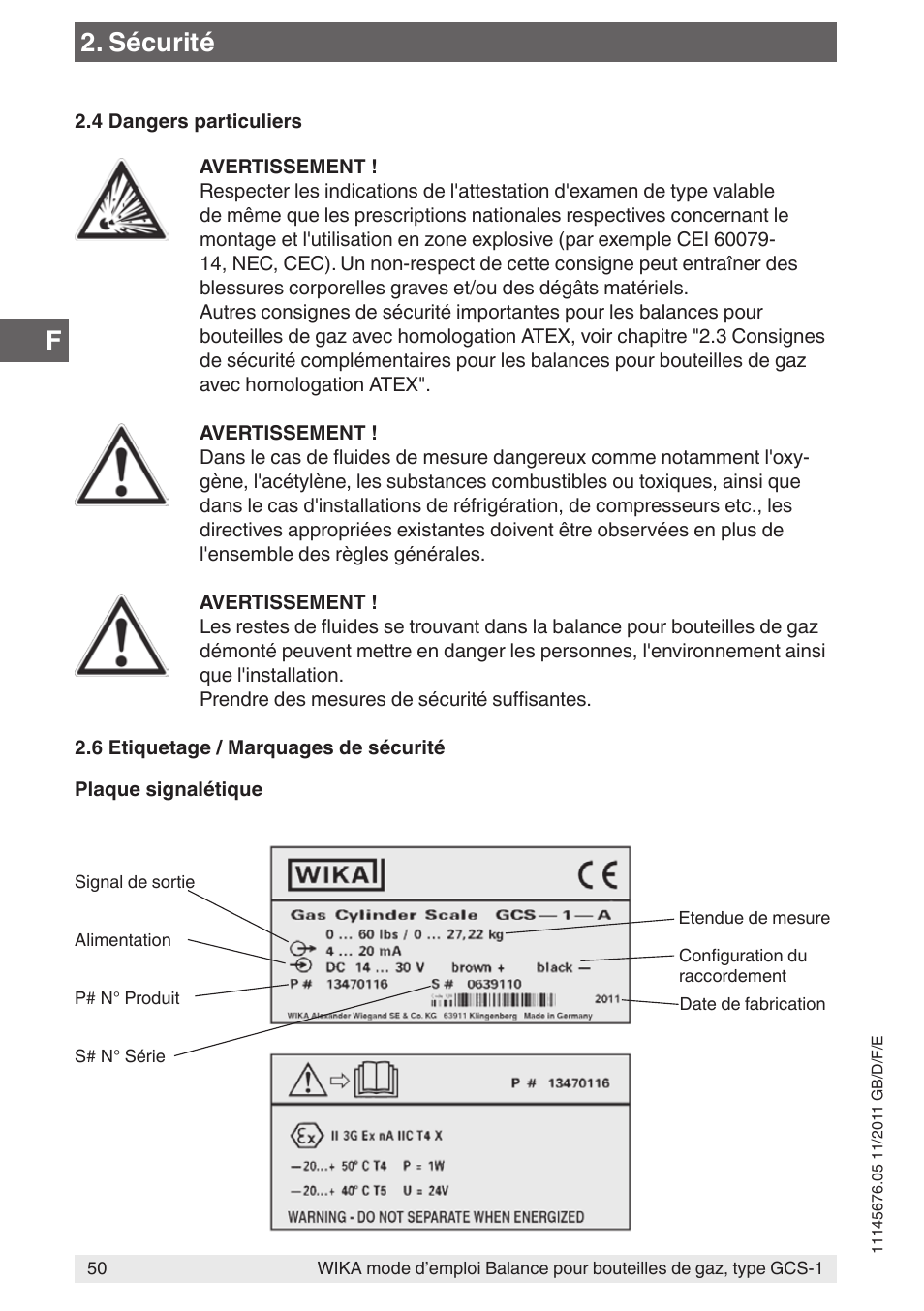 Sécurité | WIKA GCS-1 User Manual | Page 50 / 76