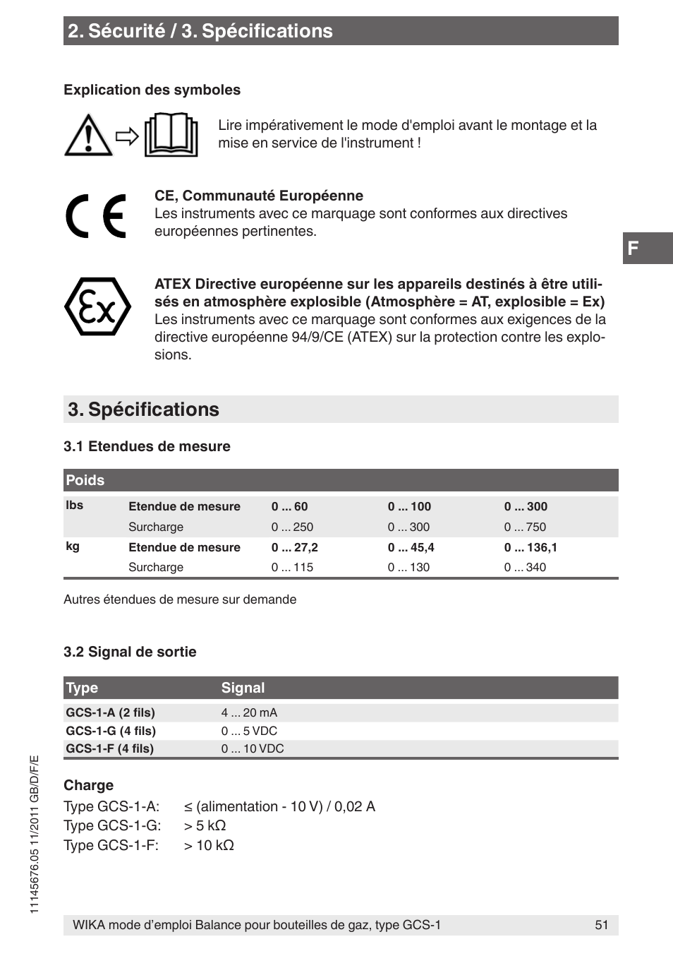 Spécifications, Sécurité / 3. spécifications | WIKA GCS-1 User Manual | Page 51 / 76