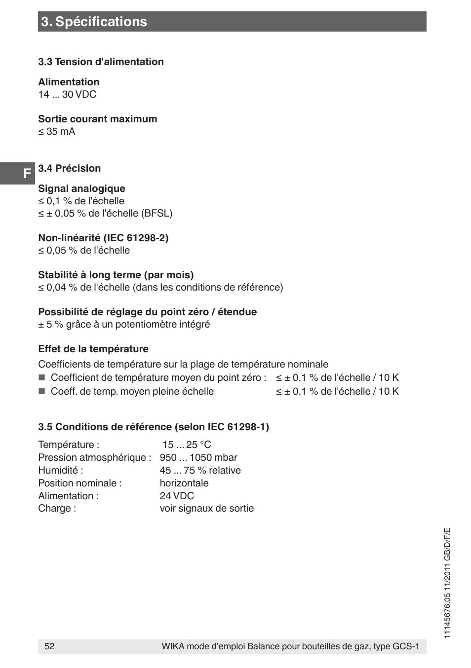Spécifications | WIKA GCS-1 User Manual | Page 52 / 76
