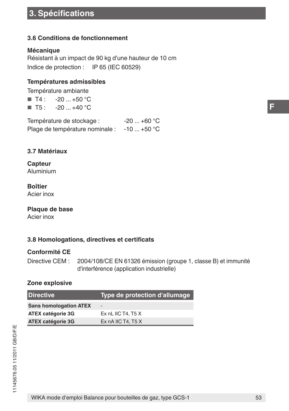 Spécifications | WIKA GCS-1 User Manual | Page 53 / 76