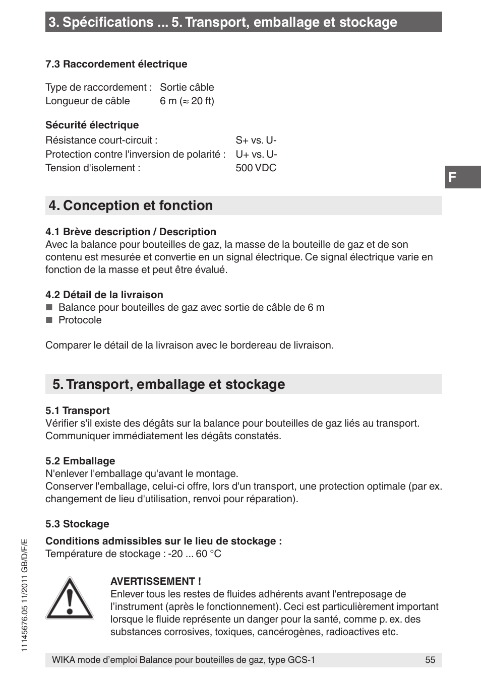 Conception et fonction, Transport, emballage et stockage, Spécifications . transport, emballage et stockage | WIKA GCS-1 User Manual | Page 55 / 76