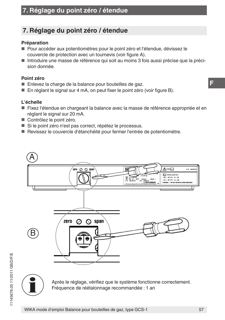 Réglage du point zéro / étendue | WIKA GCS-1 User Manual | Page 57 / 76