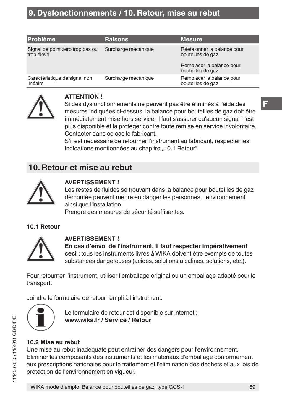 Retour et mise au rebut, Dysfonctionnements / 10. retour, mise au rebut | WIKA GCS-1 User Manual | Page 59 / 76