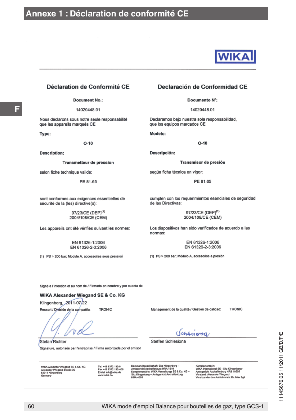Annexe 1 : déclaration de conformité ce | WIKA GCS-1 User Manual | Page 60 / 76