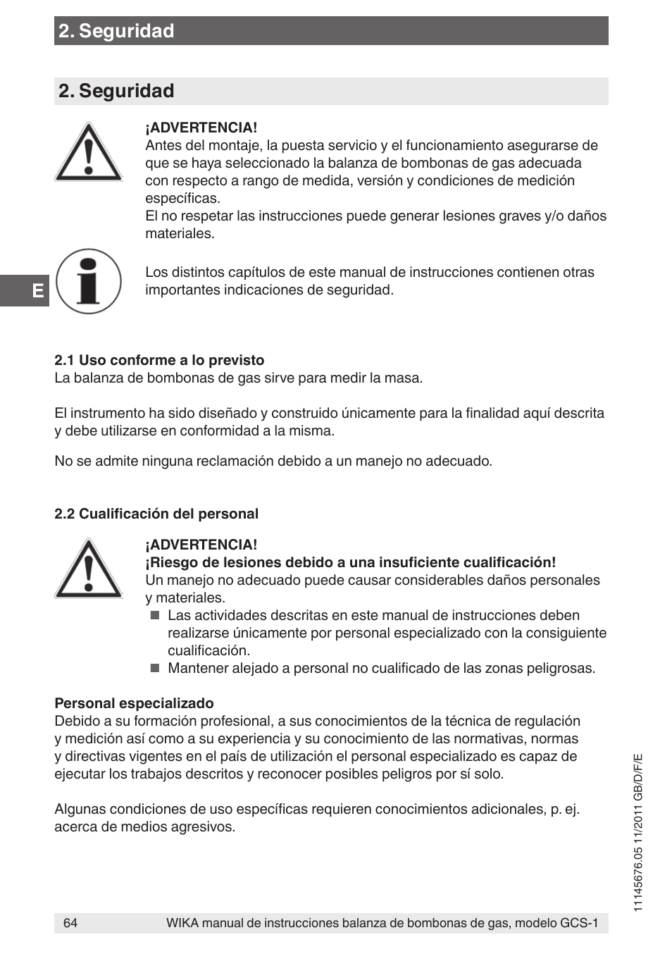 Seguridad | WIKA GCS-1 User Manual | Page 64 / 76