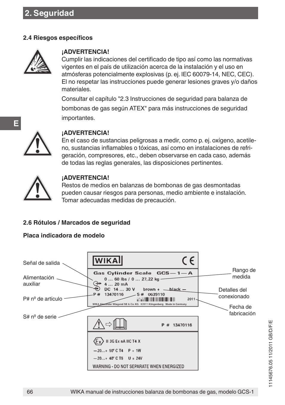 Seguridad | WIKA GCS-1 User Manual | Page 66 / 76