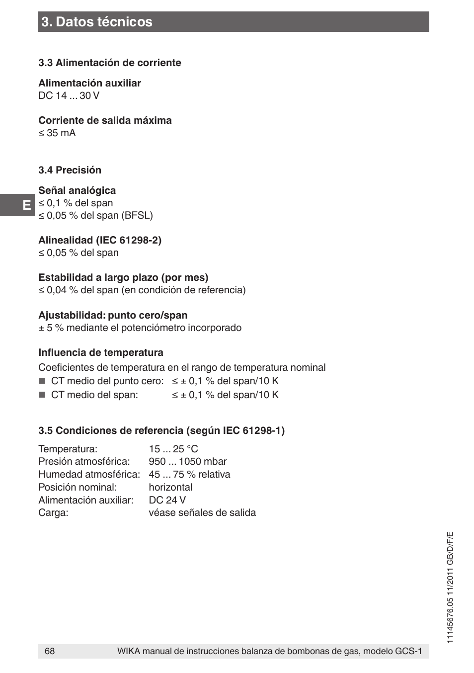 Datos técnicos | WIKA GCS-1 User Manual | Page 68 / 76