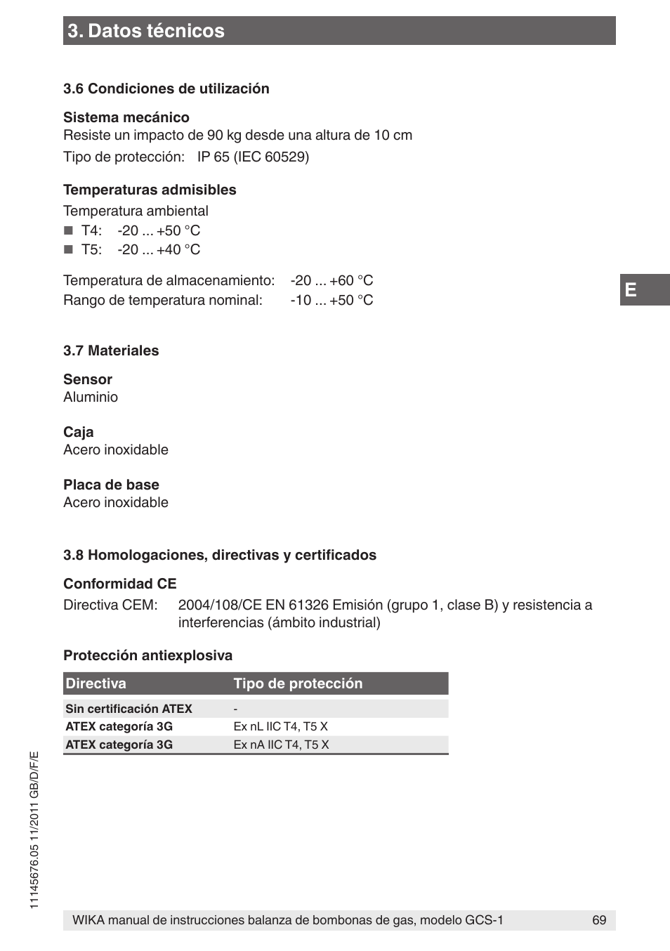 Datos técnicos | WIKA GCS-1 User Manual | Page 69 / 76