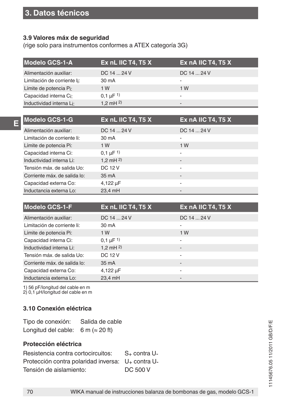 Datos técnicos | WIKA GCS-1 User Manual | Page 70 / 76