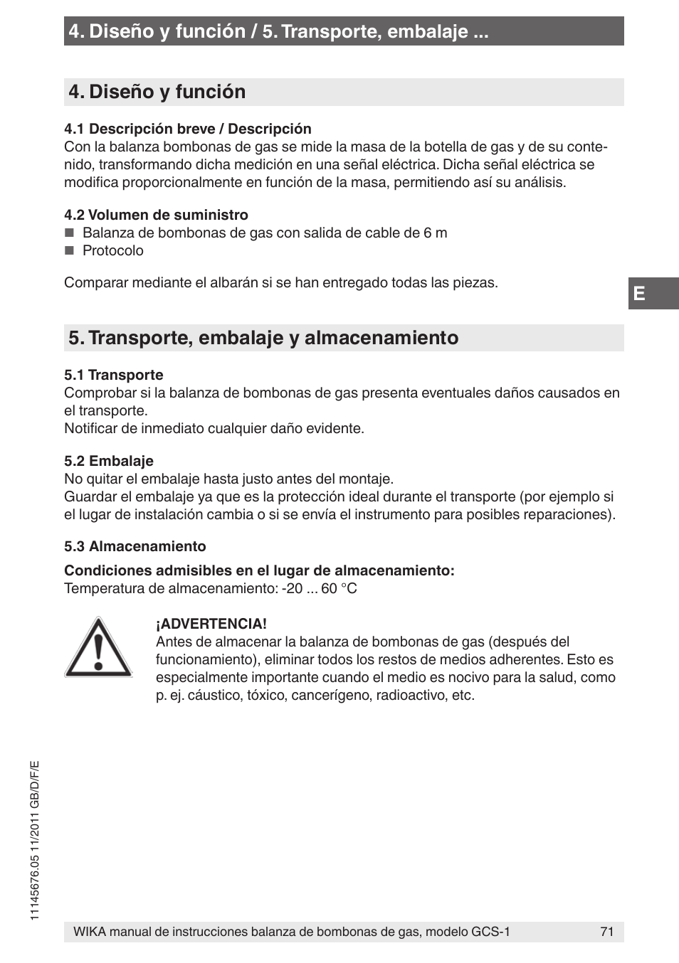 Diseño y función, Transporte, embalaje y almacenamiento, Transporte, embalaje | WIKA GCS-1 User Manual | Page 71 / 76