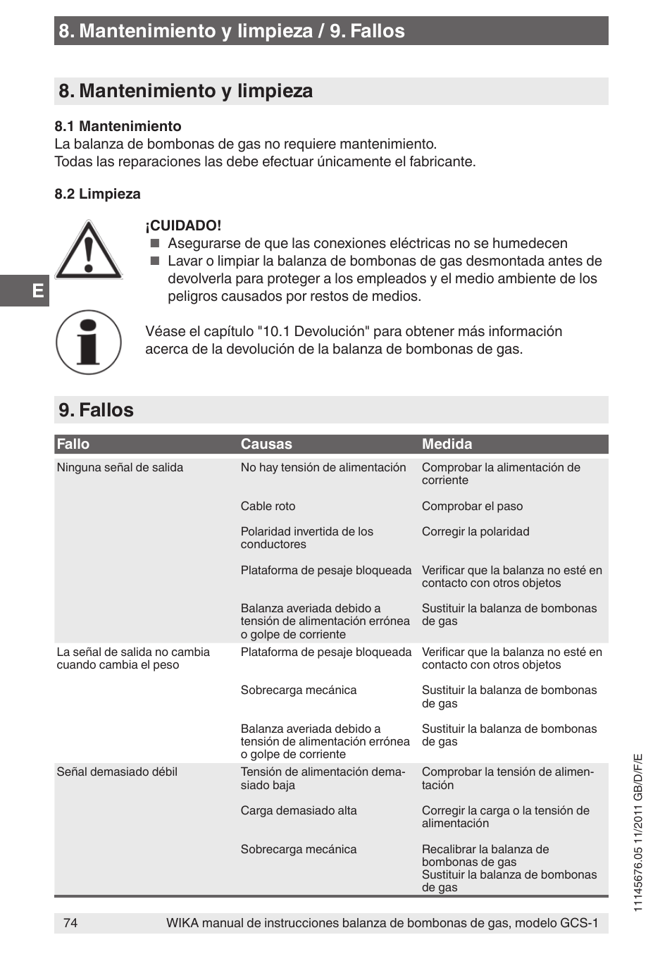 Mantenimiento y limpieza, Fallos 8. mantenimiento y limpieza / 9. fallos | WIKA GCS-1 User Manual | Page 74 / 76