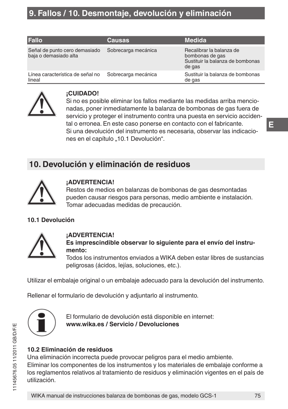 Devolución y eliminación de residuos, Fallos / 10. desmontaje, devolución y eliminación | WIKA GCS-1 User Manual | Page 75 / 76