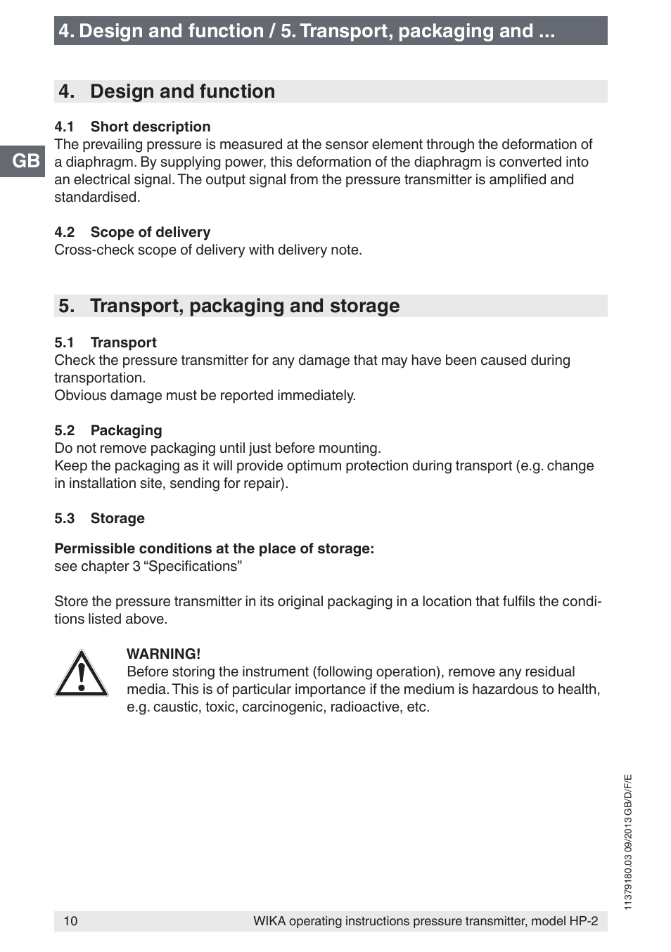 Transport, packaging and storage | WIKA HP-2 User Manual | Page 10 / 84