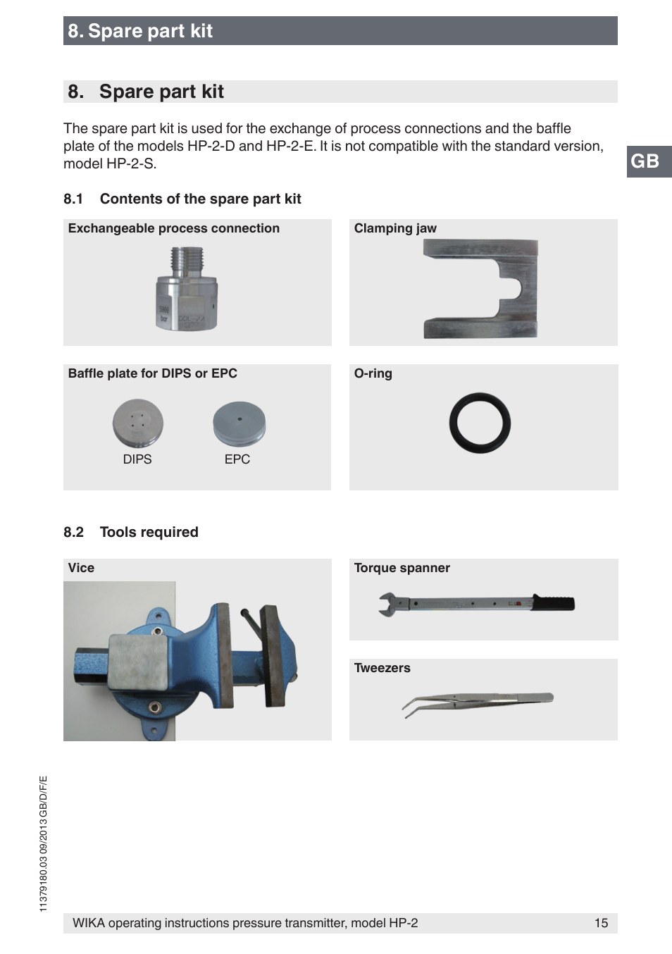 Gb 8. spare part kit 8. spare part kit | WIKA HP-2 User Manual | Page 15 / 84