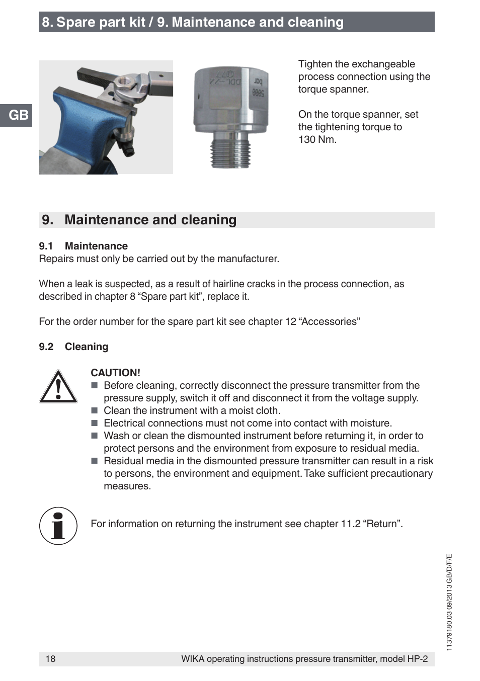 Gb 8. spare part kit / 9. maintenance and cleaning, Maintenance and cleaning | WIKA HP-2 User Manual | Page 18 / 84