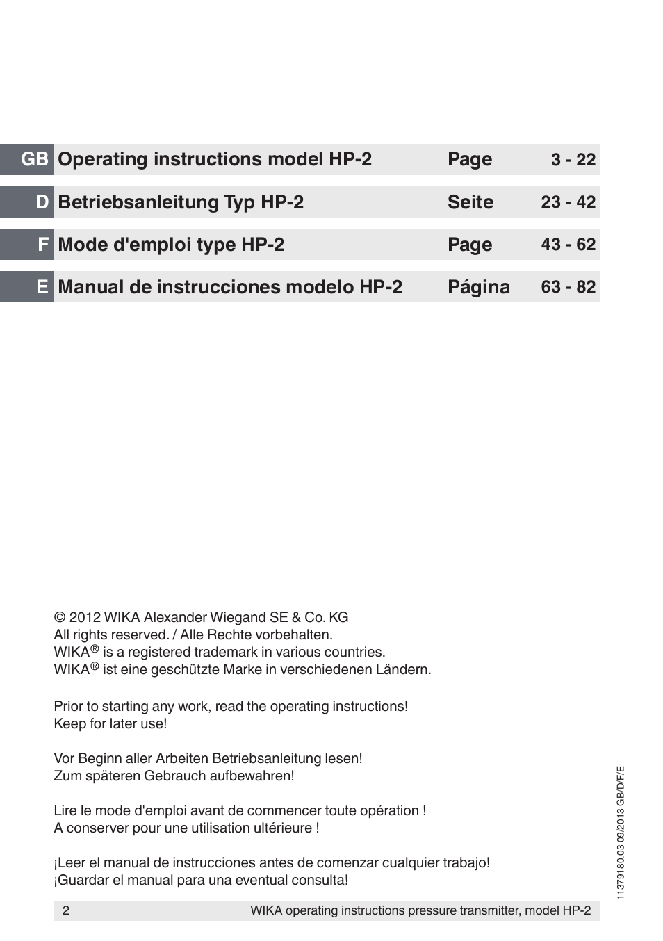 Gb d f e, Operating instructions model hp-2 page, Betriebsanleitung typ hp-2 seite | Mode d'emploi type hp-2 page, Manual de instrucciones modelo hp-2 página | WIKA HP-2 User Manual | Page 2 / 84