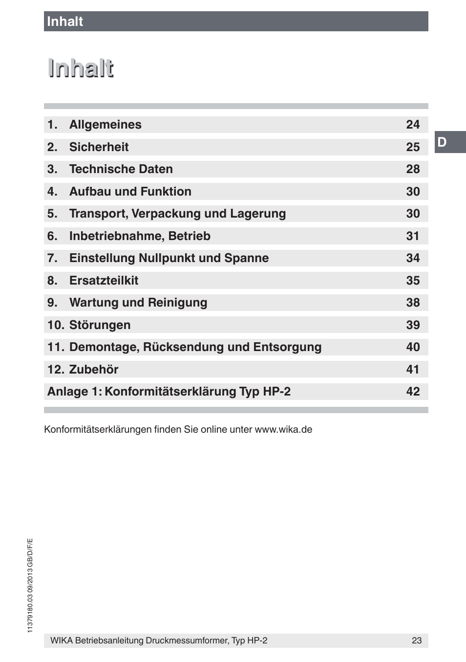 Inhalt | WIKA HP-2 User Manual | Page 23 / 84