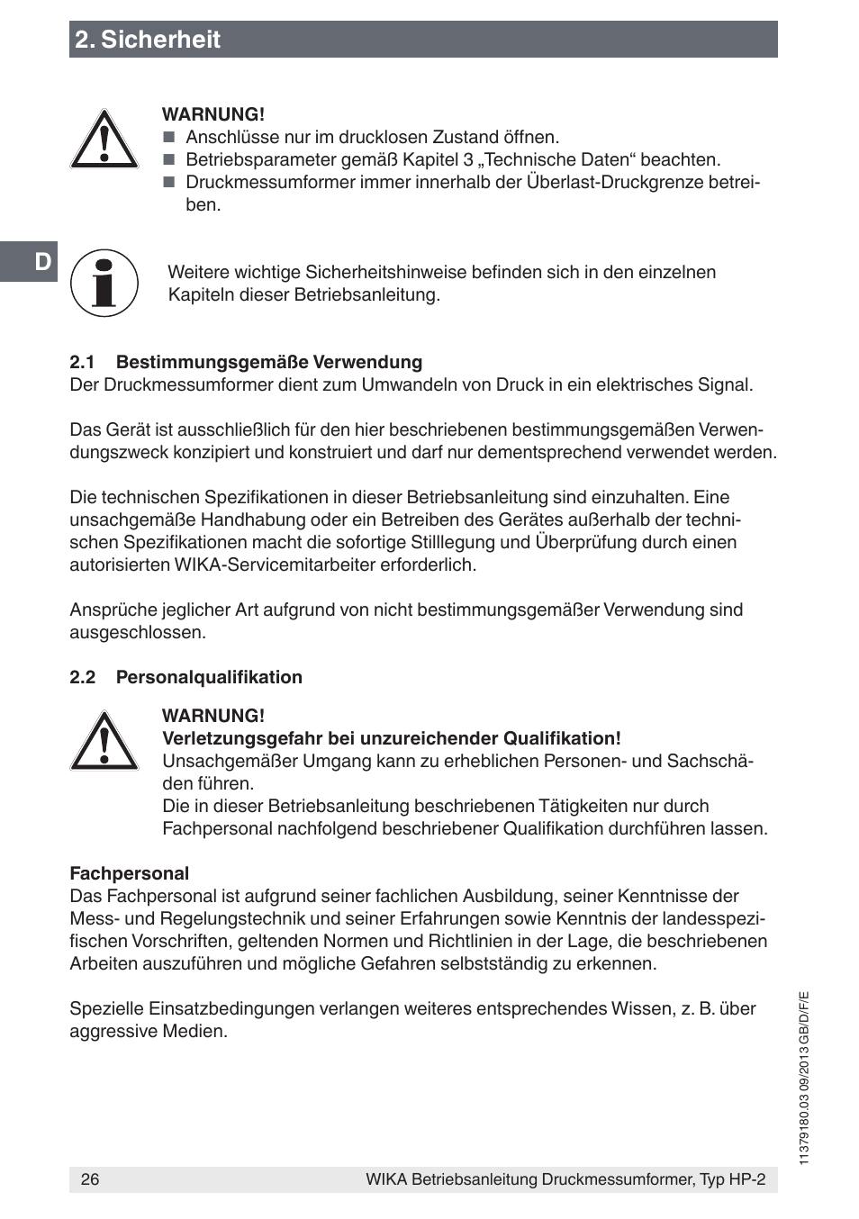 Sicherheit | WIKA HP-2 User Manual | Page 26 / 84