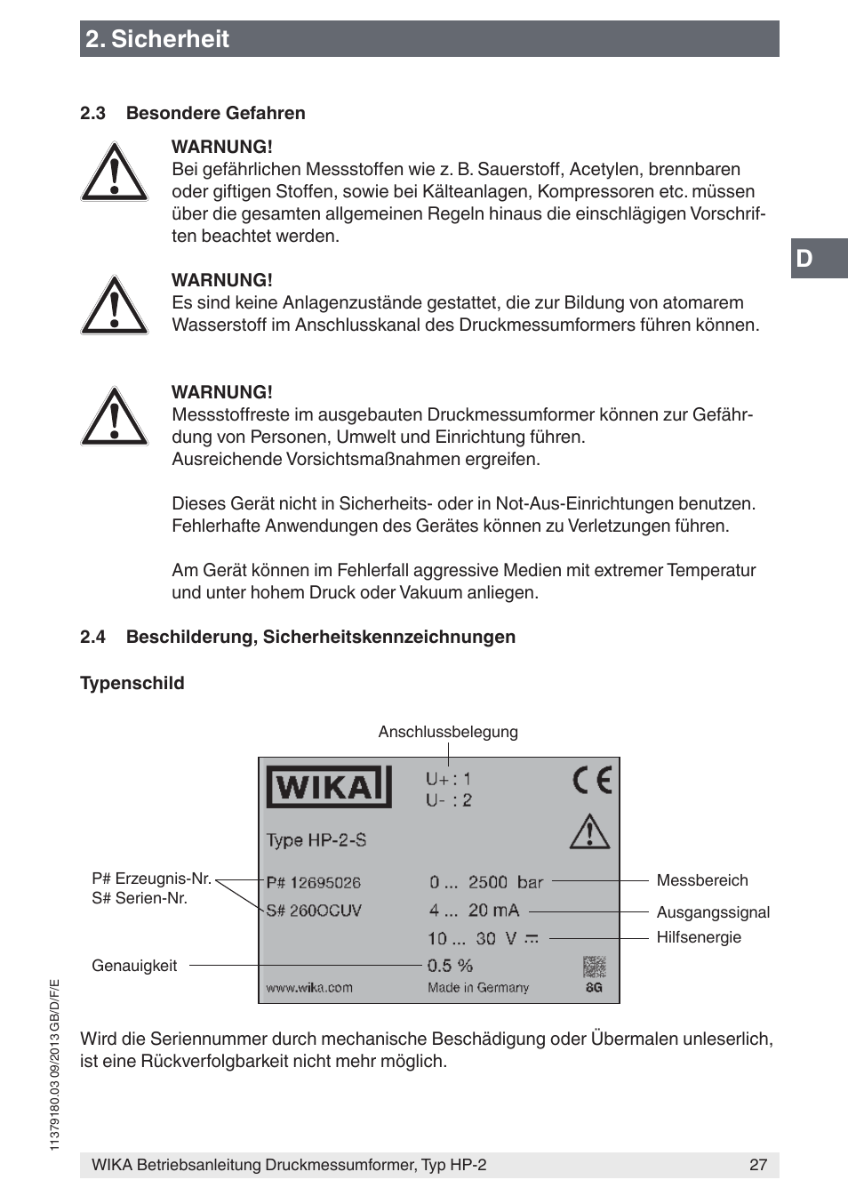 Sicherheit | WIKA HP-2 User Manual | Page 27 / 84