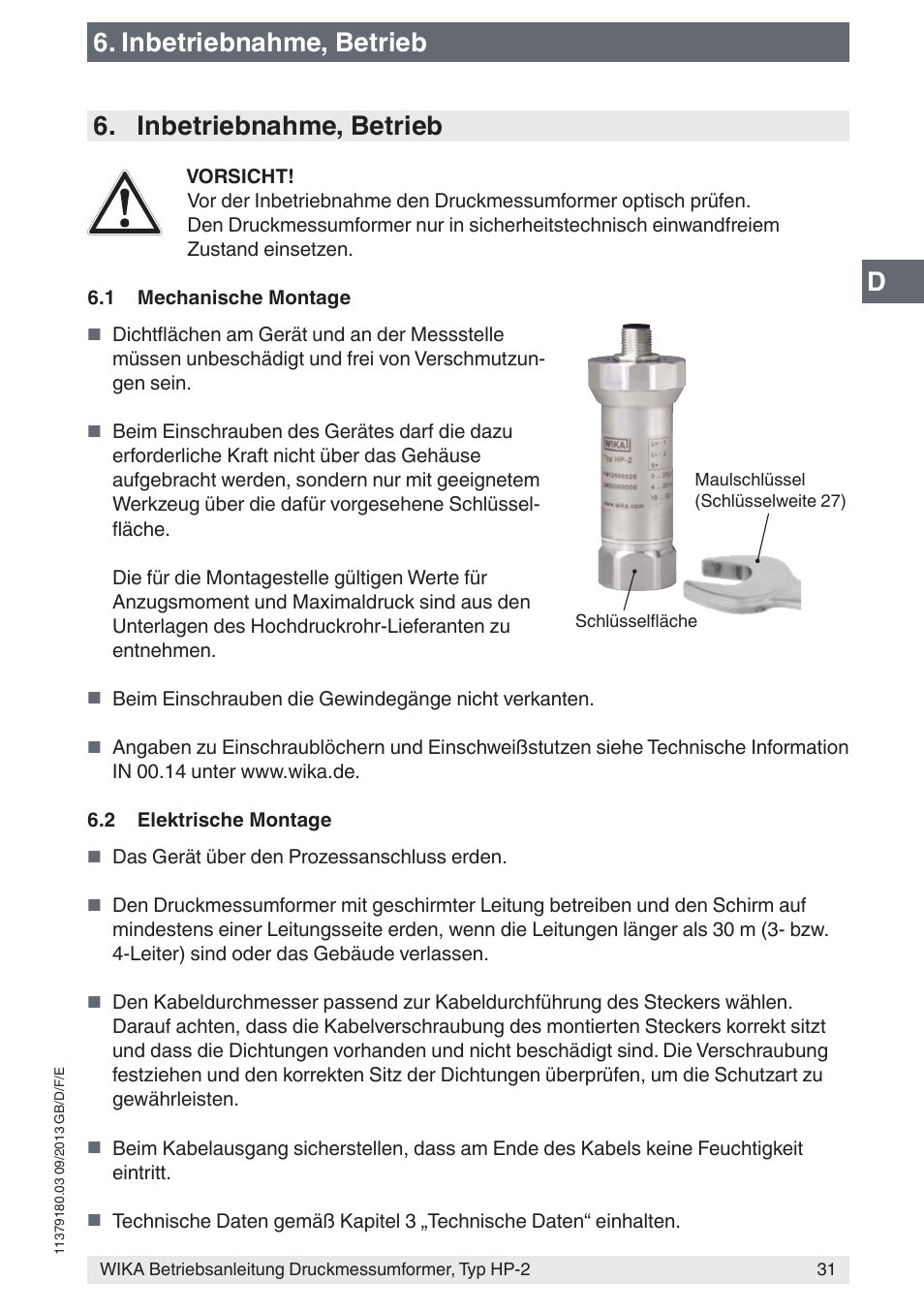 Inbetriebnahme, betrieb | WIKA HP-2 User Manual | Page 31 / 84