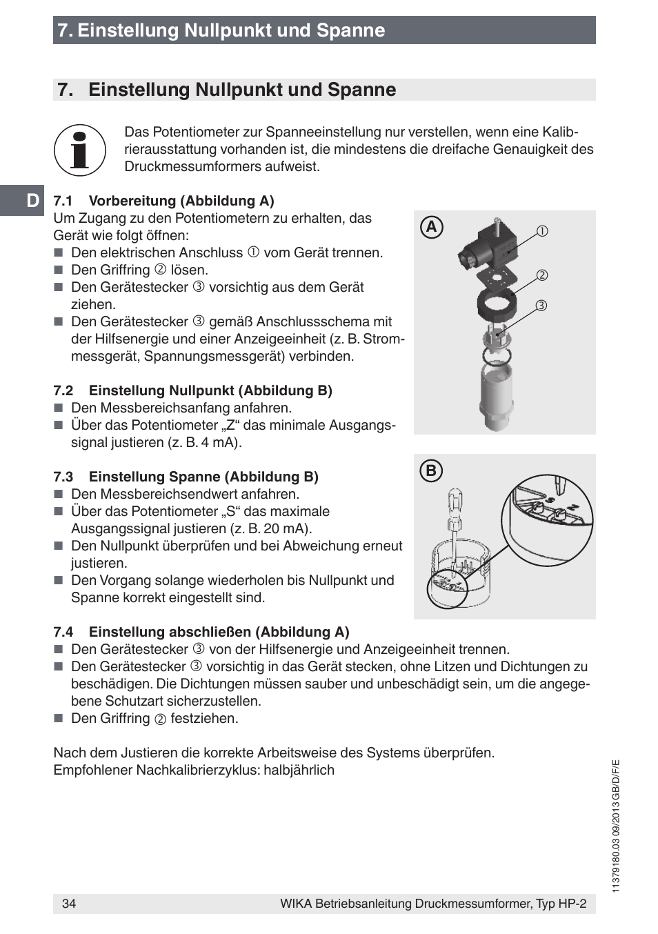 Einstellung nullpunkt und spanne | WIKA HP-2 User Manual | Page 34 / 84