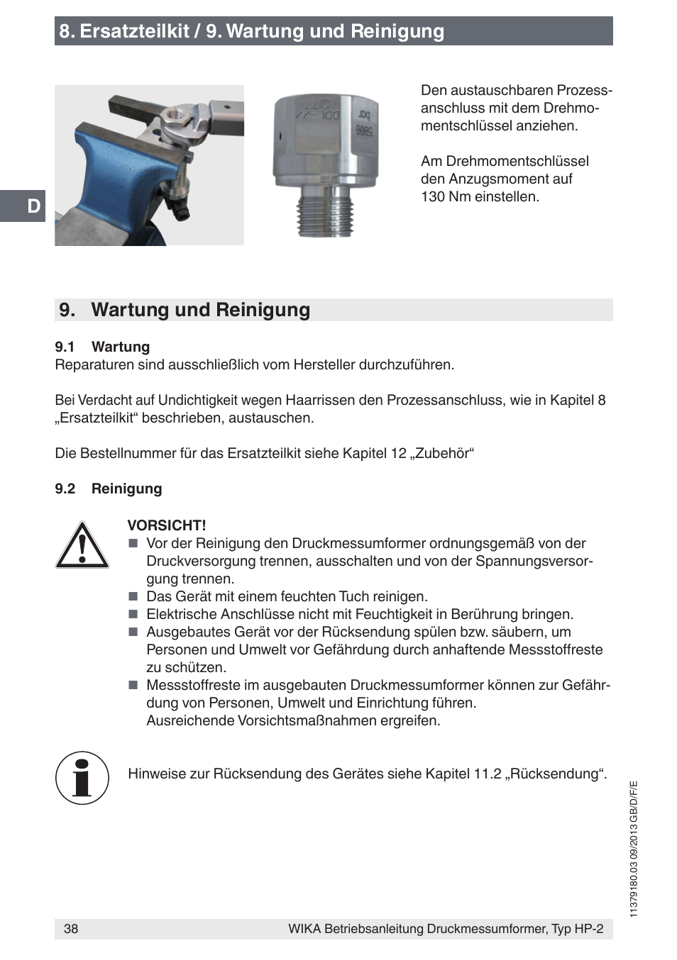 Ersatzteilkit / 9. wartung und reinigung, Wartung und reinigung | WIKA HP-2 User Manual | Page 38 / 84