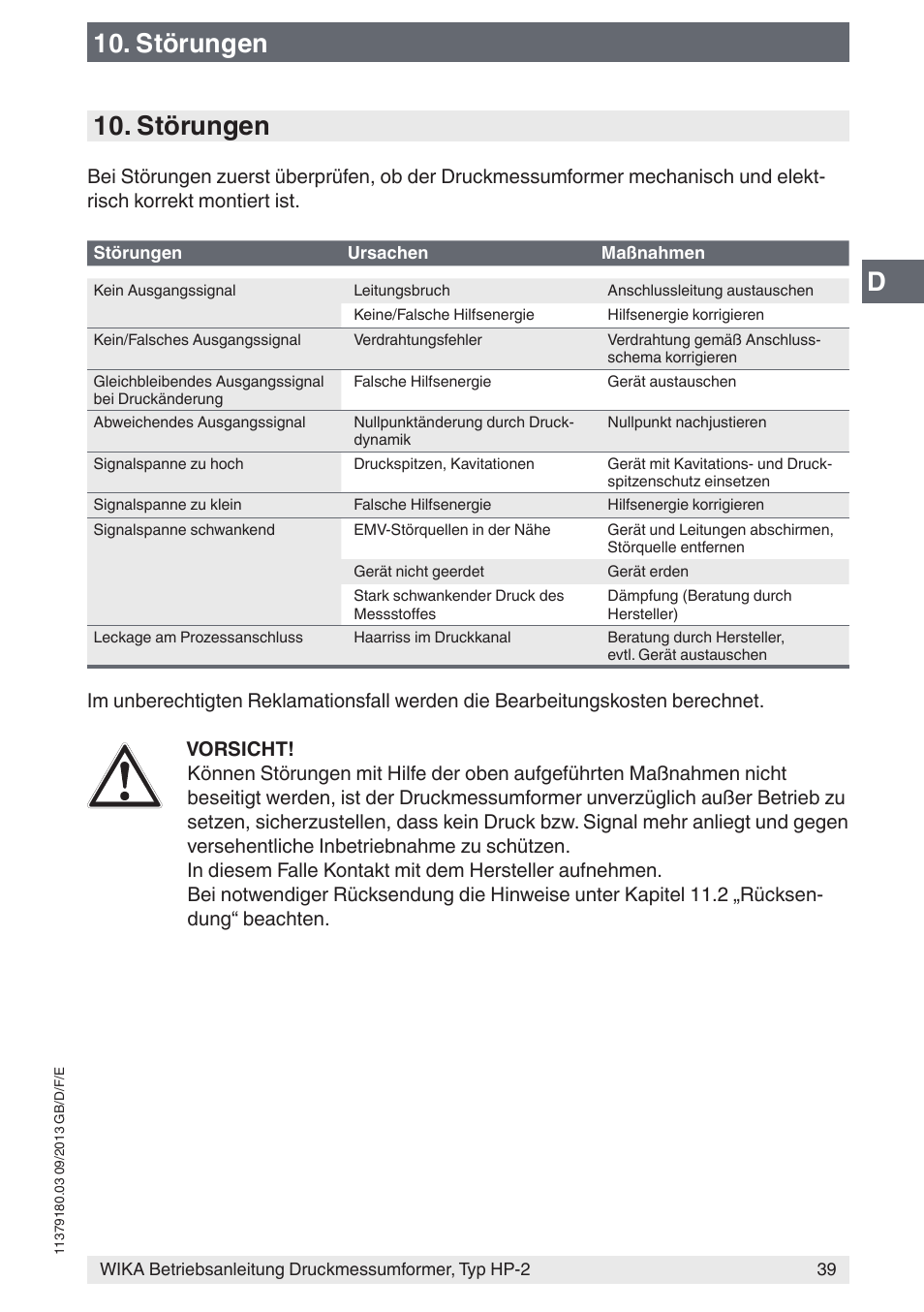 Störungen | WIKA HP-2 User Manual | Page 39 / 84