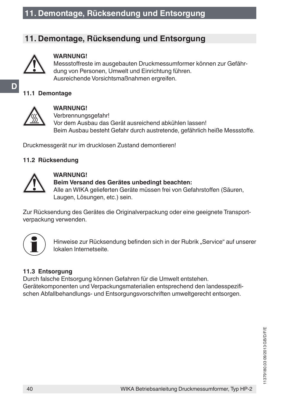 Demontage, rücksendung und entsorgung | WIKA HP-2 User Manual | Page 40 / 84